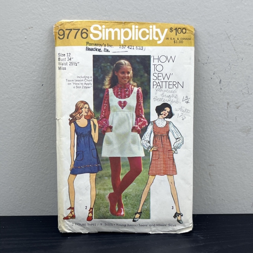 Vintage Simplicity 9776 Young Junior Teen Dress & Jumper Sewing Pattern Size 12
